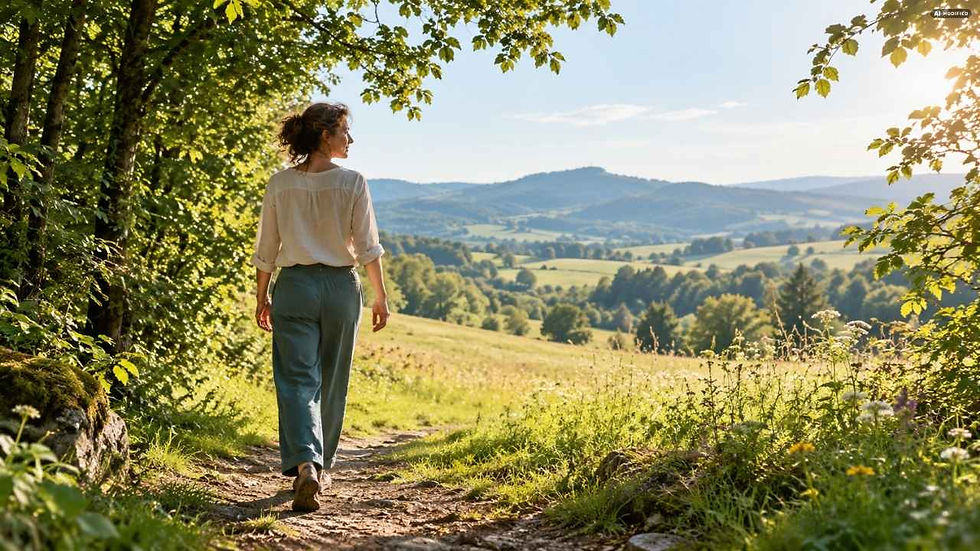 Frau geht vom Waldweg auf eine sonnige Wiese – Symbolbild zum Thema innere Blockaden lösen.