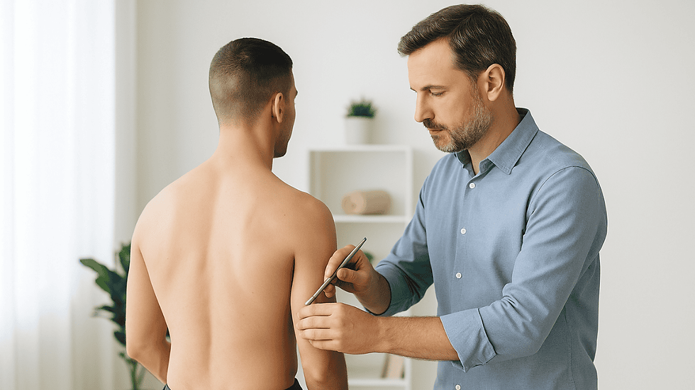 Therapeut in Alltagskleidung führt eine Meridiane im Körper – Behandlung mit einem Akupressurstäbchen am Rücken eines sitzenden Patienten durch.