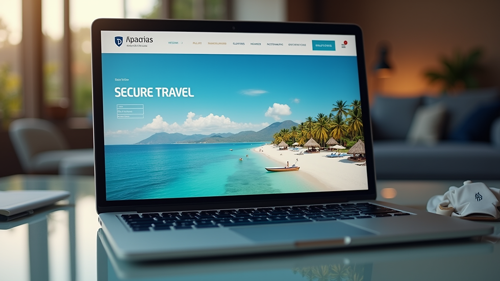 Eye-level view of a laptop screen showing a secure travel website