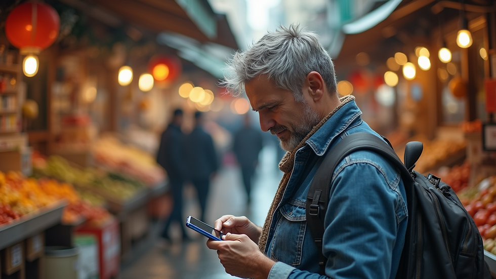 Eye-level view of a traveler using a smartphone in a bustling market