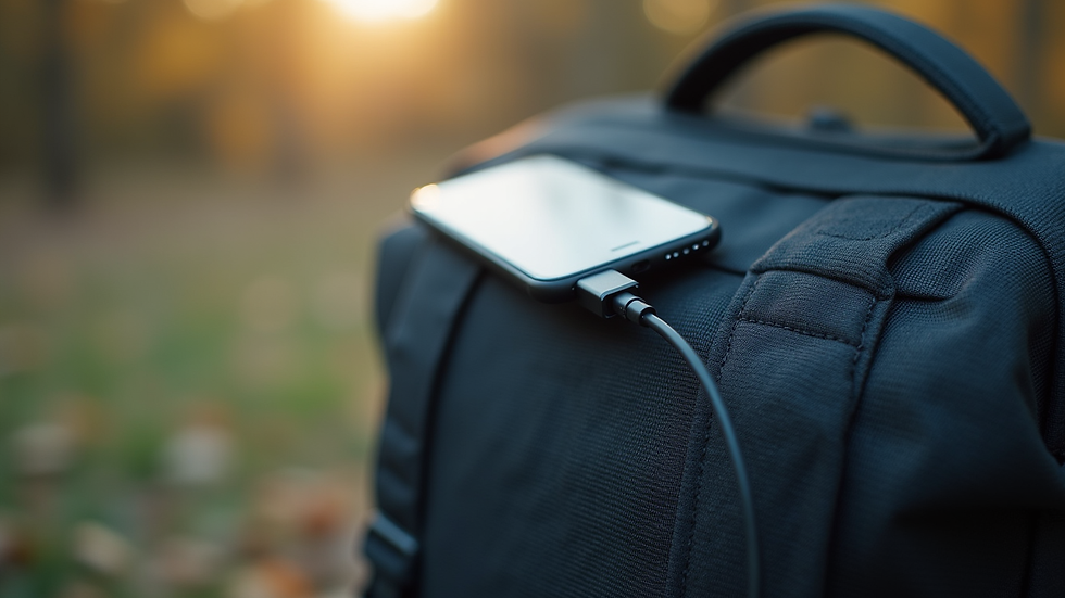 Close-up view of a portable charger connected to a smartphone on a travel backpack