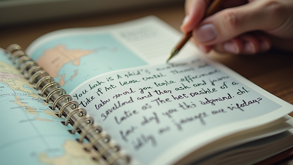 Close-up of a journal with handwritten travel safety notes and a map