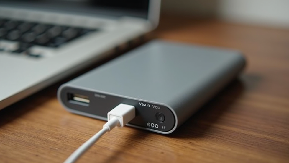 Close-up of a portable power bank and charging cable on a wooden table
