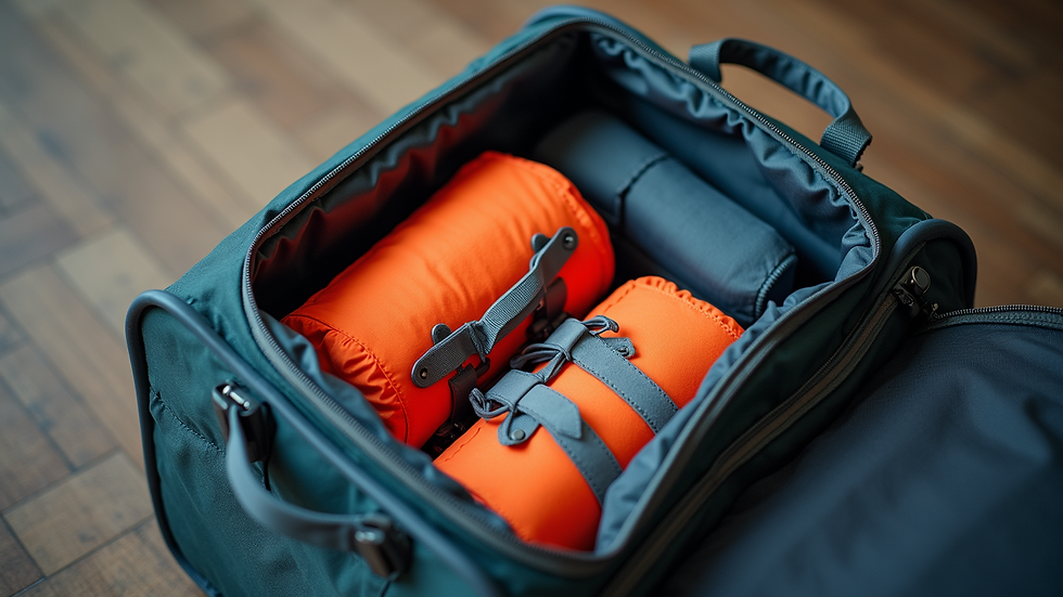 High angle view of a packed travel bag with safety gear
