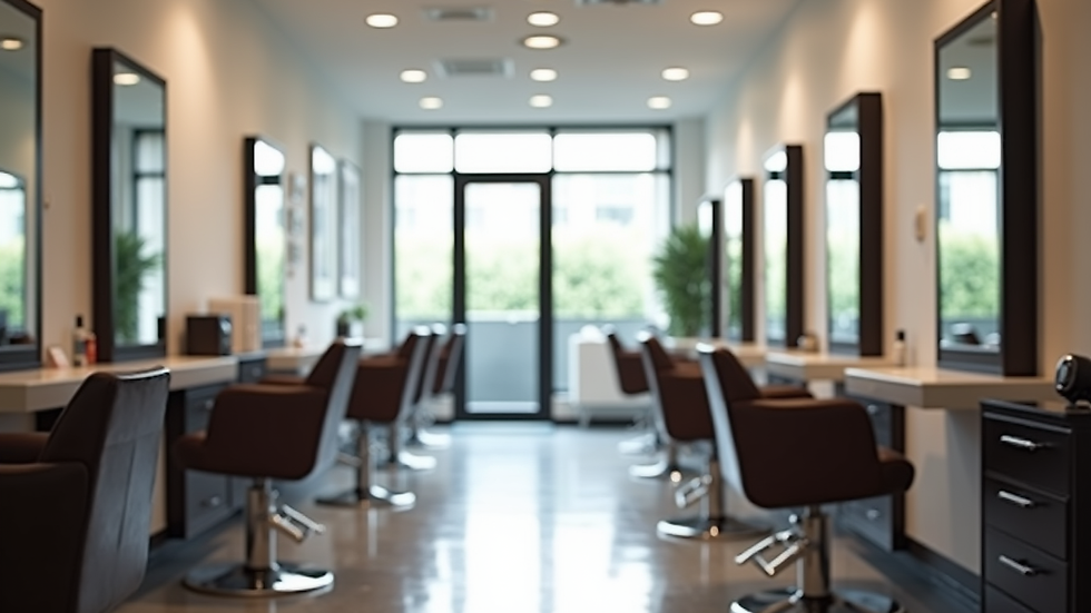 Eye-level view of a modern salon interior with styling chairs and mirrors