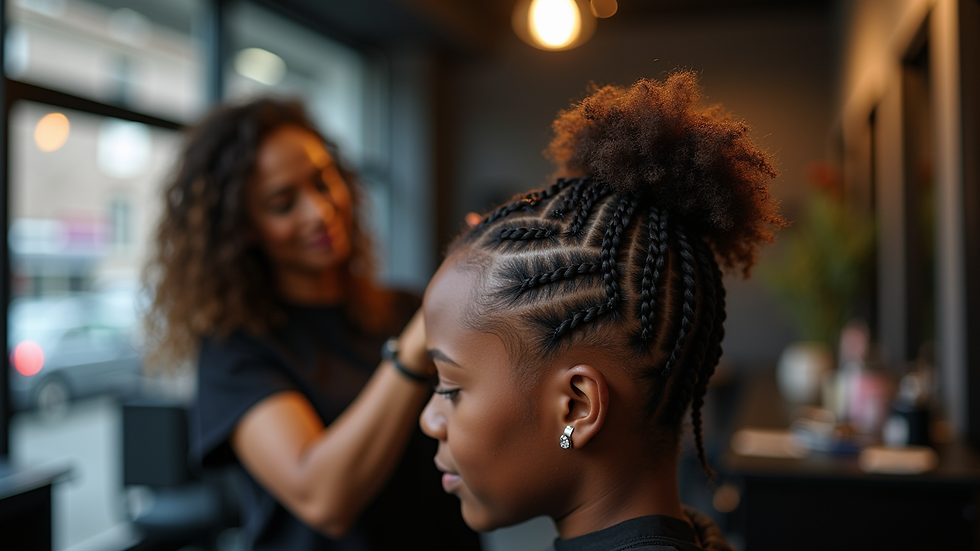 Close-up view of a stylist braiding Afro hair in a Nottingham salon