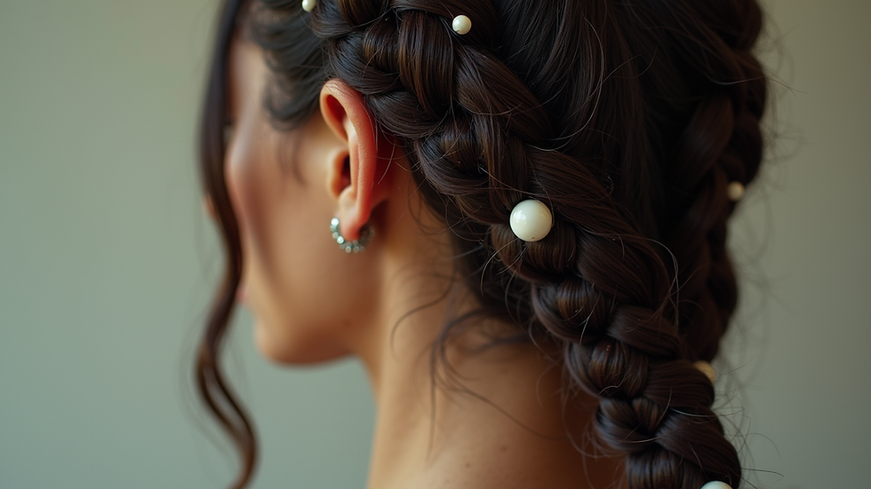 Close-up view of Peretz braids styled with decorative beads