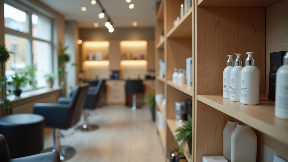 Eye-level view of a Nottingham salon interior with hair care products on shelves