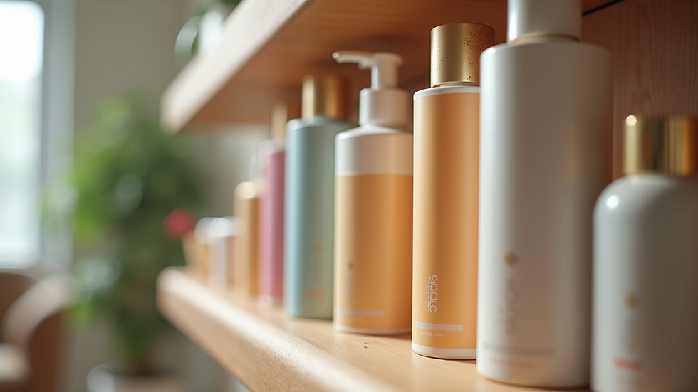 Close-up view of hair care products on a salon shelf