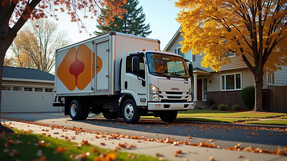 Eye-level view of a Denver junk removal truck parked outside a residential home