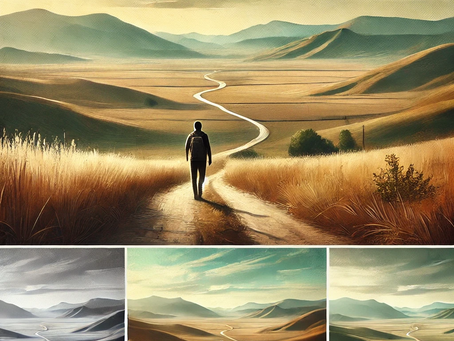 A lone traveler walks a winding path through vast open land, symbolizing self-discovery. The road twists ahead, leading to the unknown.