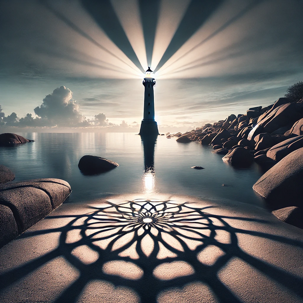 "A lighthouse stands on a rocky shore at twilight, casting light over the sea while its shadows create patterns on the rocks below."