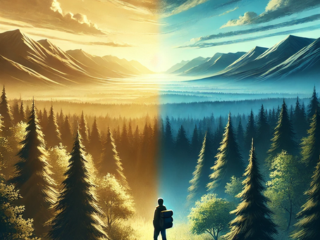 A lone figure stands at the edge of a forest, gazing over vast mountains—one side in warm sunlight, the other in cool shadow.