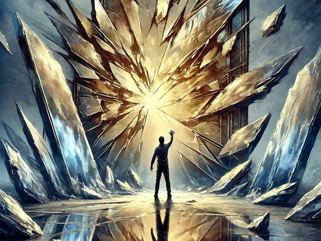 A figure stands before a shattered mirror, each fragment reflecting a different reality, symbolizing the illusion of perception.