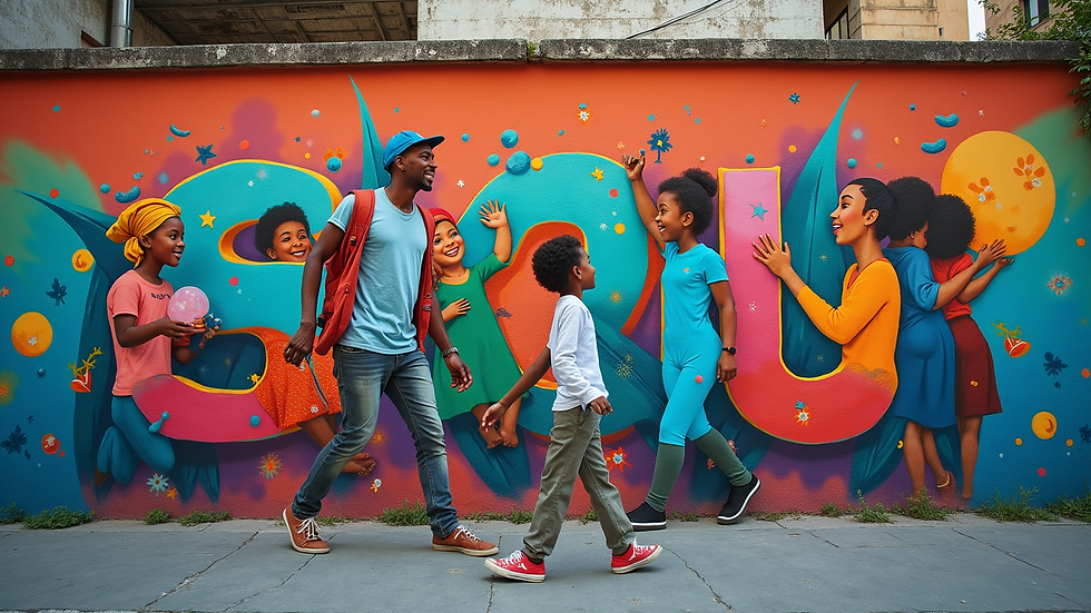 High angle view of a colorful community mural on a city wall