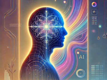 A human figure stands before a glowing digital mirror filled with abstract data and AI features, symbolizing identity shaped by algorithms.