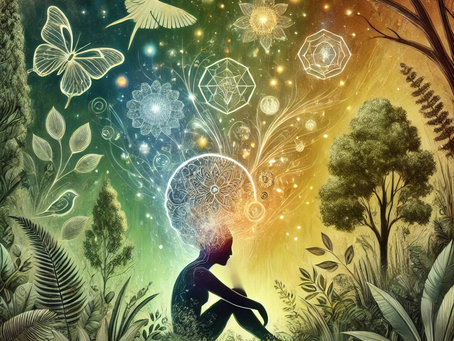 A person sits in a forest as their head blossoms, releasing digital fragments that dissolve into nature, symbolizing mental rewilding.