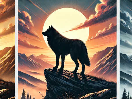 "A lone wolf stands on a mountain ridge at sunrise, its silhouette strong against the golden sky, symbolizing resilience, solitude, and strength."