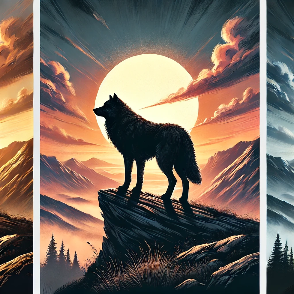 "A lone wolf stands on a mountain ridge at sunrise, its silhouette strong against the golden sky, symbolizing resilience, solitude, and strength."