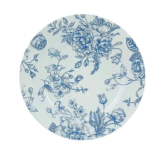 Blue and white floral charger with a French-inspired design for a charming statement.