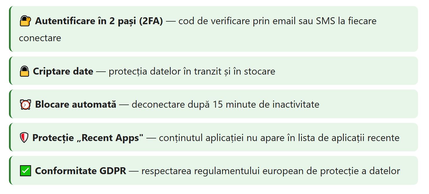 Documentele proiectelor europene conțin date sensibile. eMIP®Arch implementează multiple niveluri de protecție: Autentificare in s pasi, Criptare date, Blocare automata la inactivitate, Protectie ”Recent Apps”, Conformitate GDPR.