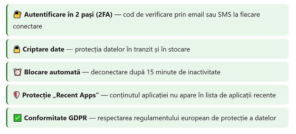 Documentele proiectelor europene conțin date sensibile. eMIP®Arch implementează multiple niveluri de protecție: Autentificare in s pasi, Criptare date, Blocare automata la inactivitate, Protectie ”Recent Apps”, Conformitate GDPR.