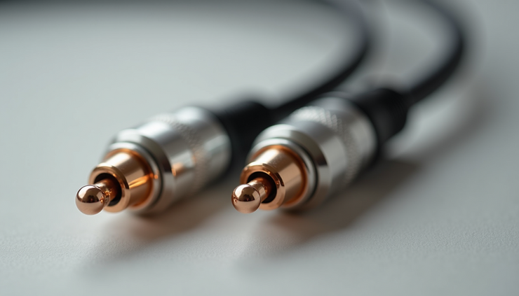 Close-up view of silver and copper audio interconnect cables showing detailed texture and connectors