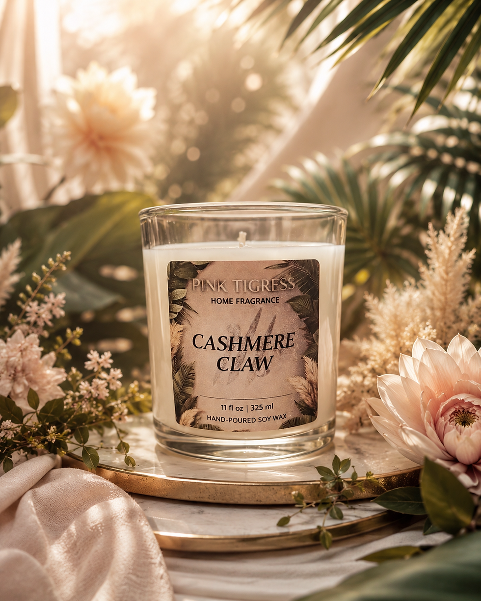 Thumbnail: Cashmere Claw Candle in a clear jar among tropical flowers