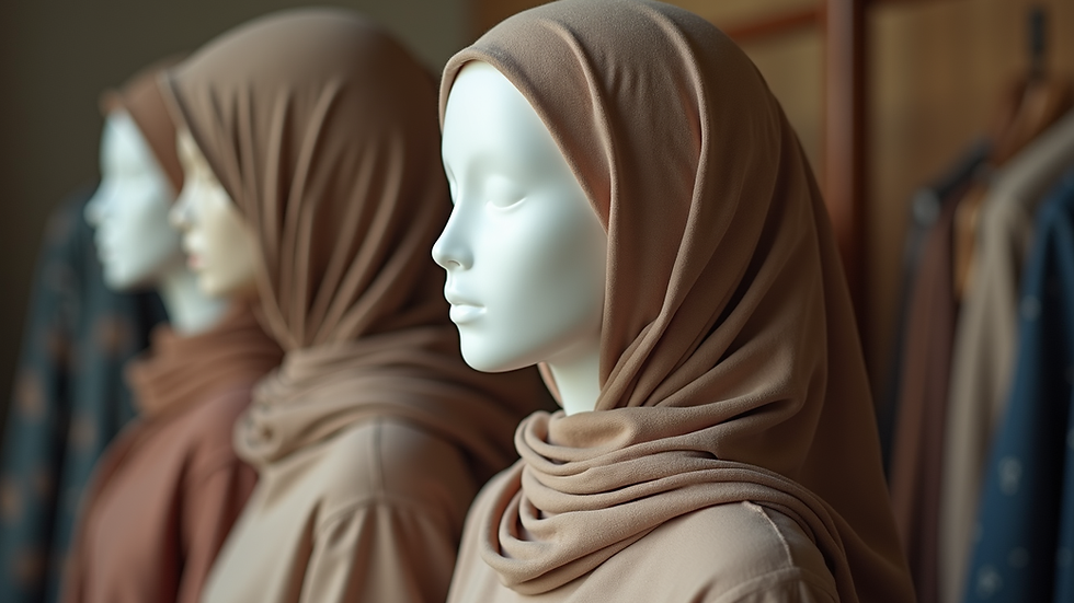 Close-up view of a beautiful hijab displayed on a mannequin