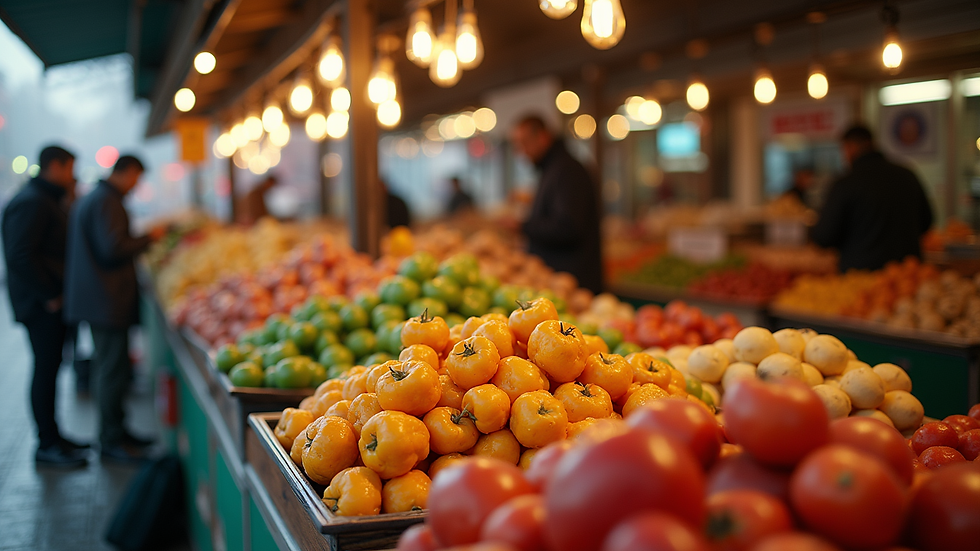 Wide angle view of a vibrant halal food market