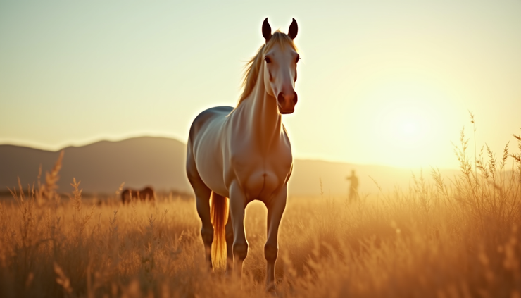 Eye-level view of a majestic horse standing in a sunlit field