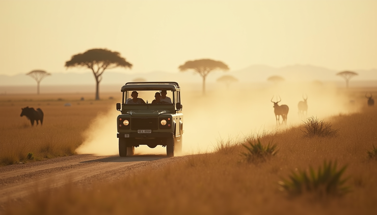 Wide angle view of safari vehicle driving through dusty savannah landscape