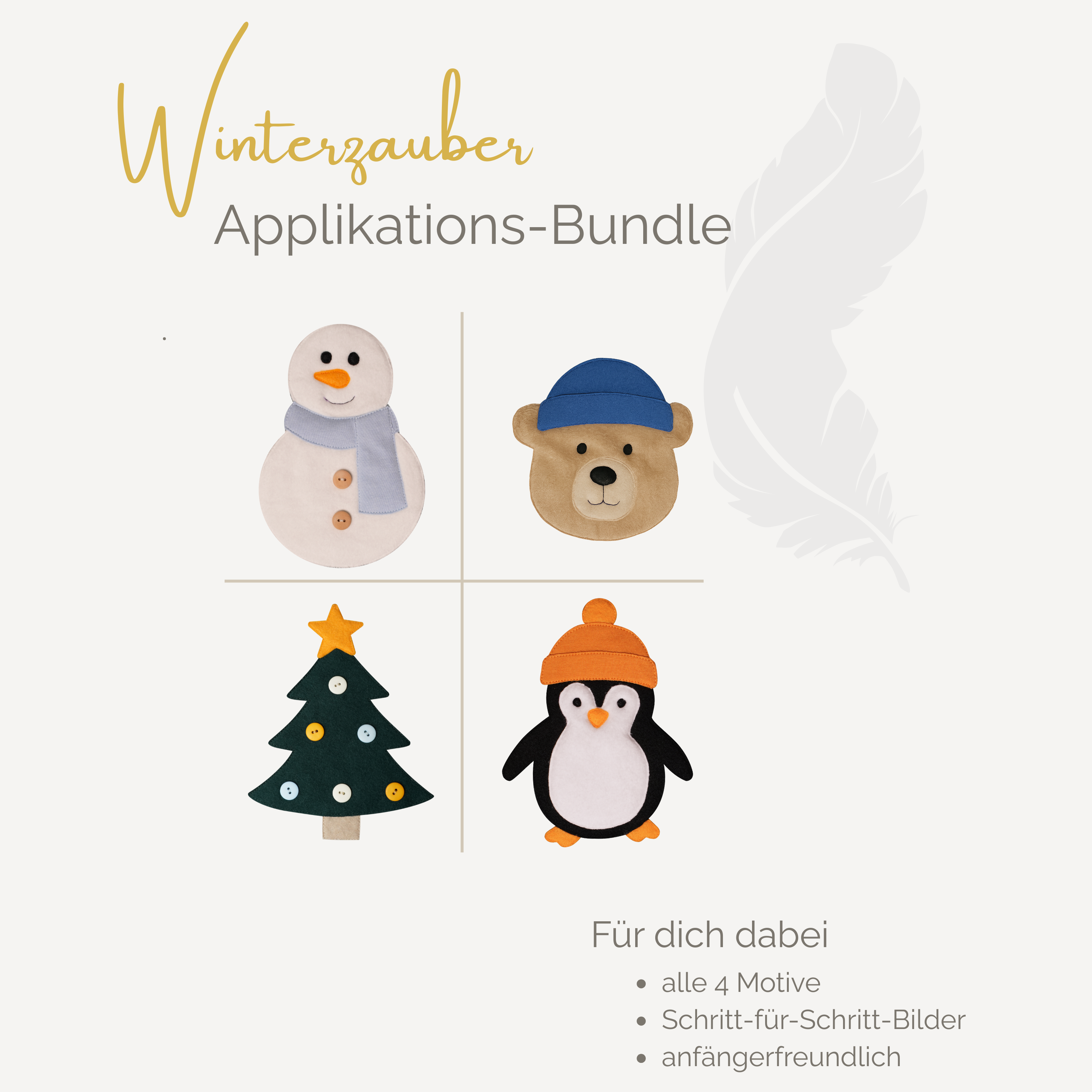 Federkinder Coverbild Winterzauber-Applikations-Bundle mit Schneemann, Bär, Tannenbaum und Pinguin als Filz-Applikationen.