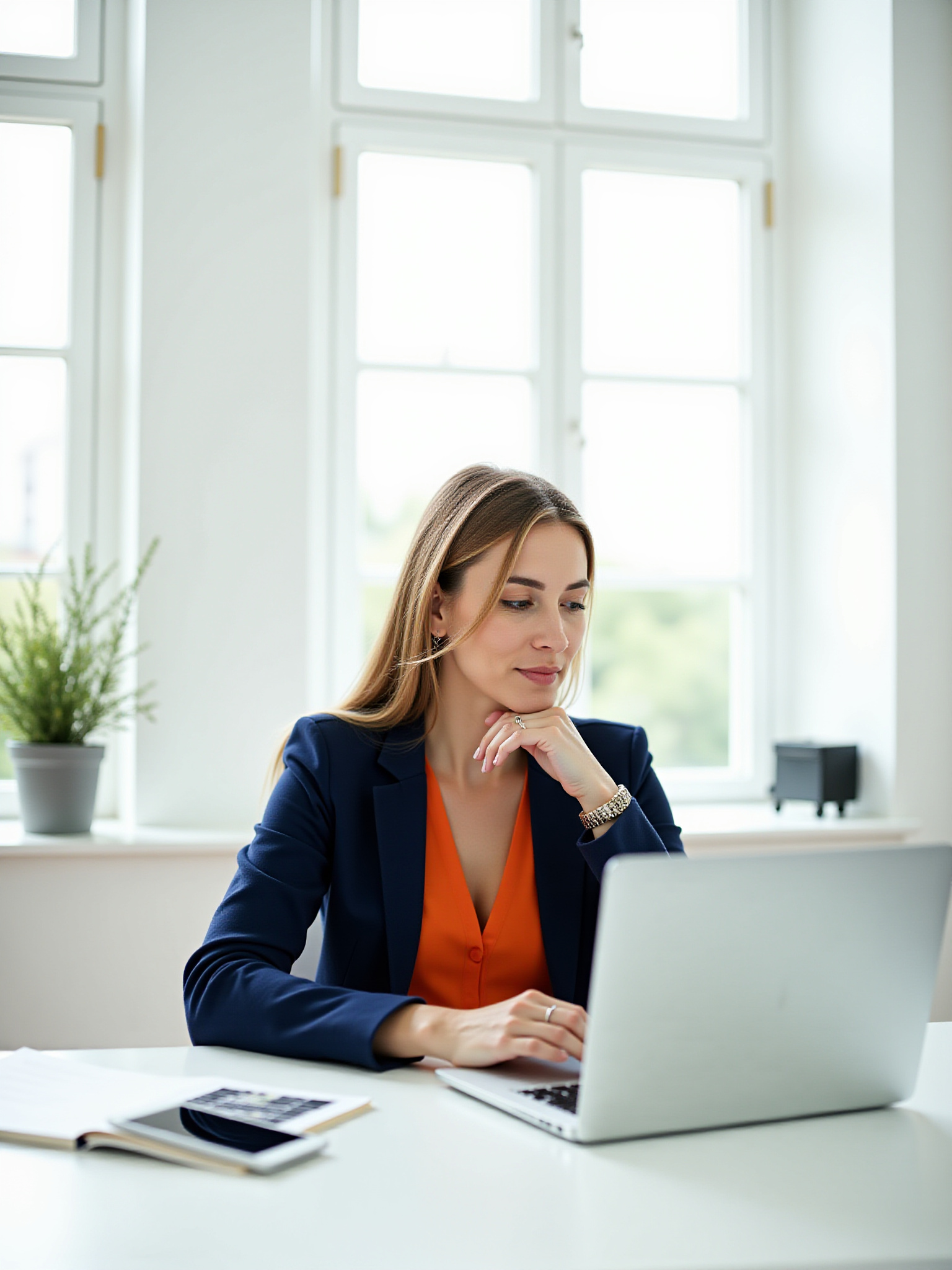 Young woman in blazer working on laptop at white office desk.