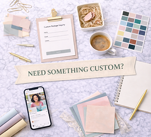 Design desk flat lay, phone, 'Custom Package Inquiry' form, 'NEED SOMETHING CUSTOM?'.