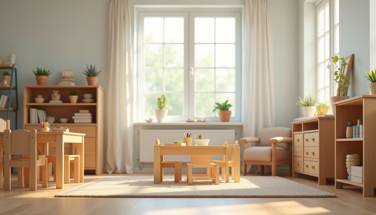 Eye-level view of a Montessori classroom with child-sized furniture and learning materials neatly arranged