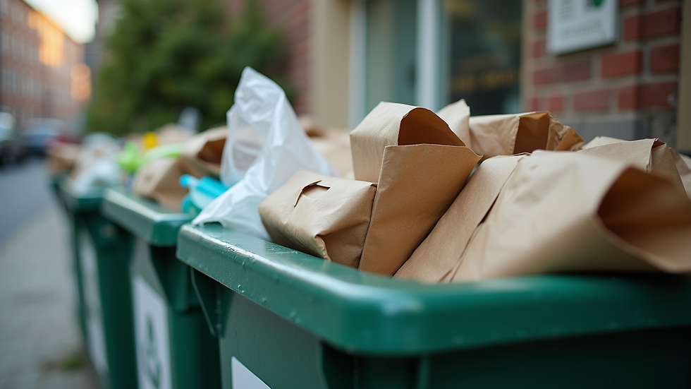Close-up view of a DMR bin filled with recyclable paper and plastic items