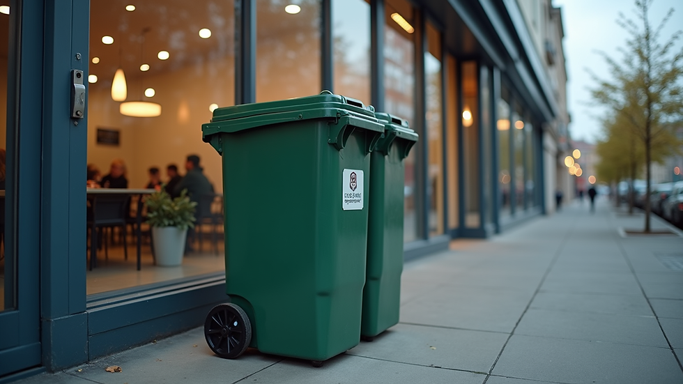 Eye-level view of a commercial waste bin outside a business premises