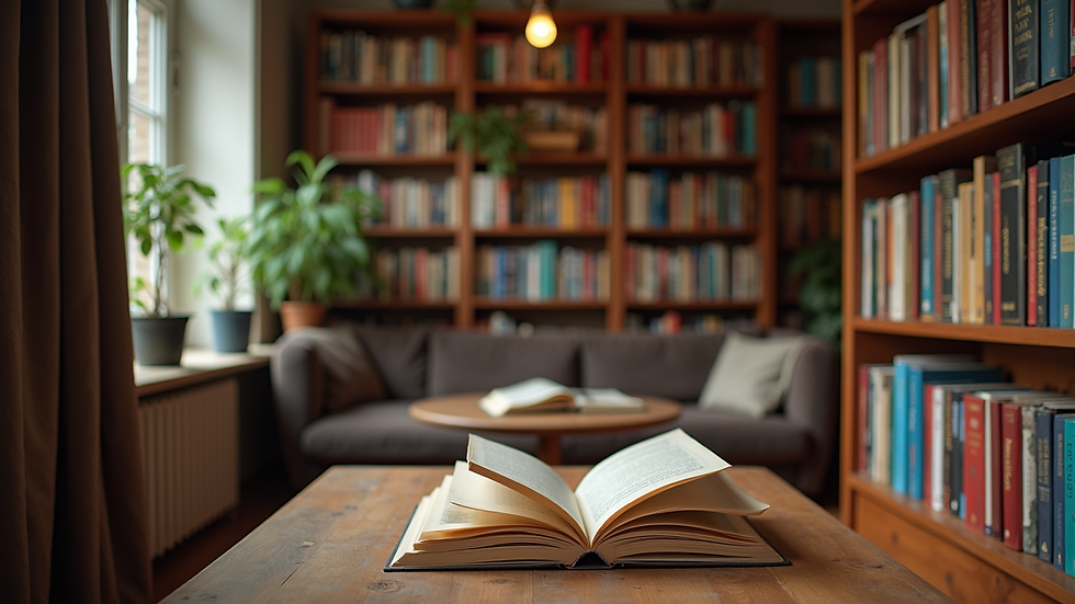Eye-level view of a cozy reading nook filled with colorful books