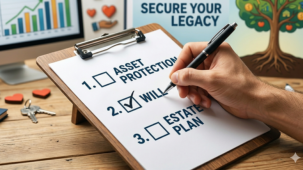 Hand checking off "Will" on a checklist titled "Secure Your Legacy." Background shows a graph and tree illustration, setting a serious tone.