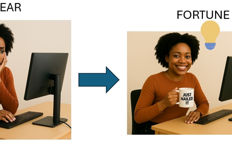 Woman at desk looks worried, then happy with a "Just Nailed It" mug. Text reads "Fear" and "Fortune" above. Light bulb symbolizes idea.