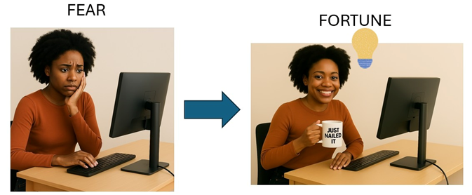 Woman at desk looks worried, then happy with a "Just Nailed It" mug. Text reads "Fear" and "Fortune" above. Light bulb symbolizes idea.