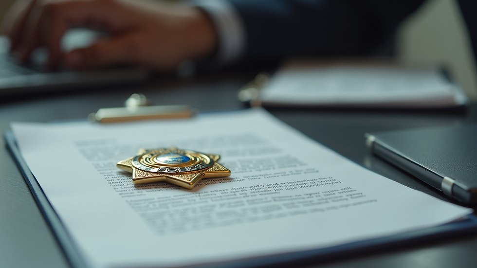 Close-up view of a police badge resting on a desk with a retirement letter
