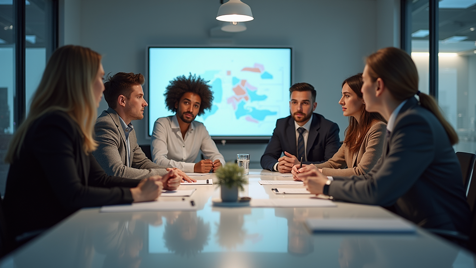 Eye-level view of a modern office meeting room with a team brainstorming ideas