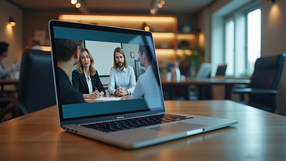 Eye-level view of a laptop on a desk with a leadership webinar on screen