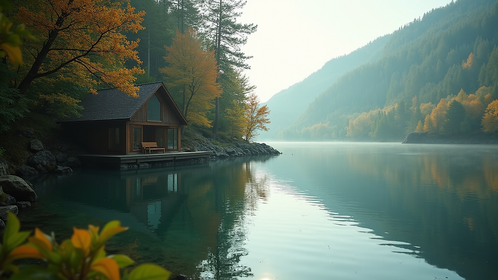 Eye-level view of a peaceful lakeside retreat surrounded by trees