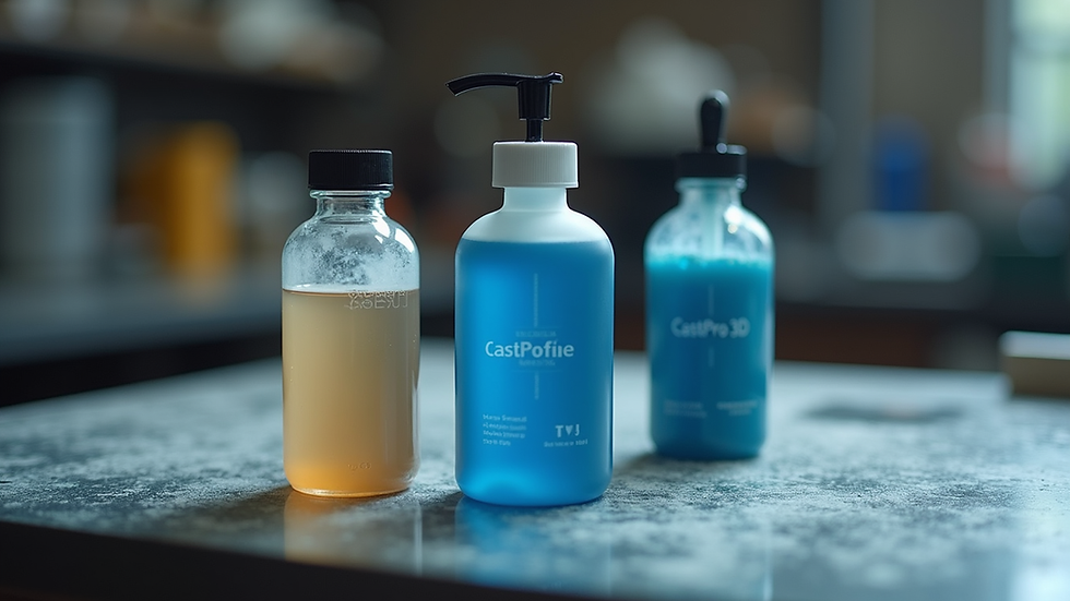 Eye-level view of three different resin bottles labeled BlueCast, CastPro 3D, and FineCast on a workbench
