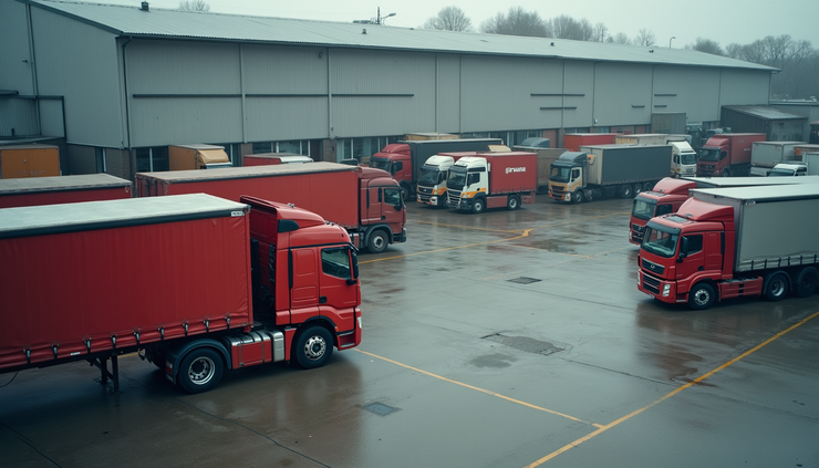 High angle view of delivery trucks lined up at a loading dock