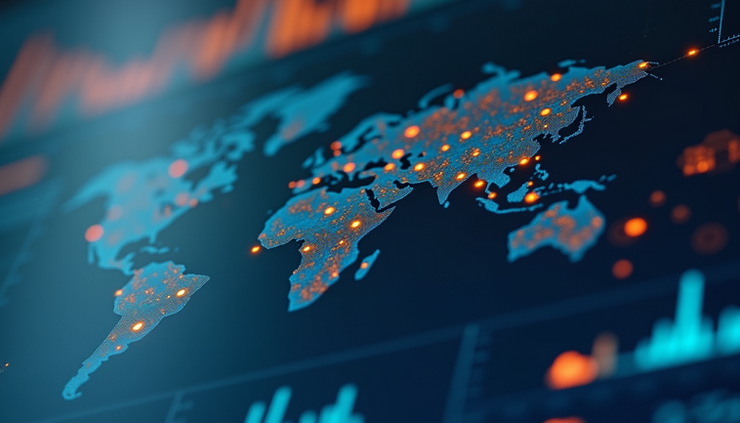 Close-up view of a digital dashboard showing global supply chain data and analytics