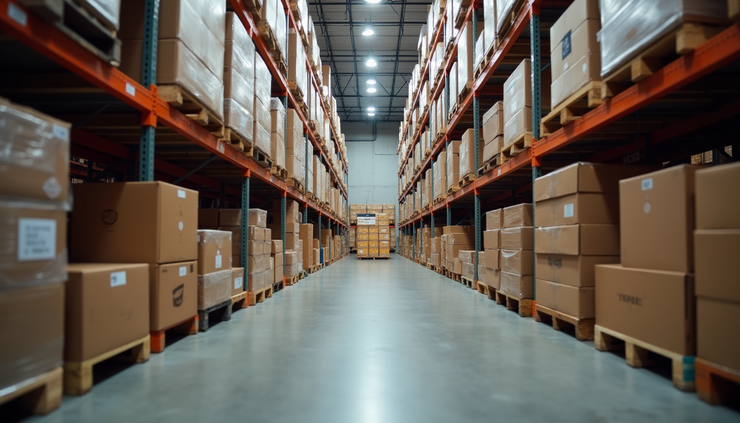 Eye-level view of warehouse shelves stocked with organized inventory